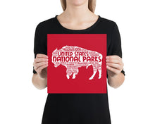 Load image into Gallery viewer, 63 National Park Poster Bison Word Art / 63 National Park Print / National Park Travel Poster / National Park Art Print