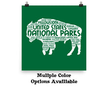 Load image into Gallery viewer, 63 National Park Poster Bison Word Art / 63 National Park Print / National Park Travel Poster / National Park Art Print