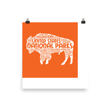 Load image into Gallery viewer, 63 National Park Poster Bison Word Art / 63 National Park Print / National Park Travel Poster / National Park Art Print