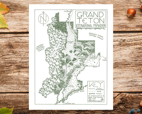 Grand Teton National Park Map Hand-Drawn Print