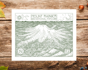 Mount Rainier National Park Map Hand-Drawn Print