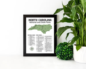 North Carolina State and National Park Map | North Carolina National Park Poster | North Carolina State Park Poster