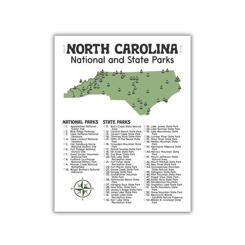 North Carolina State and National Park Map | North Carolina National Park Poster | North Carolina State Park Poster