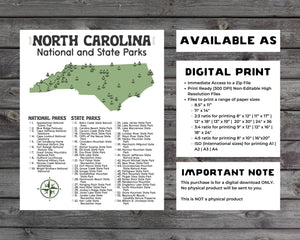North Carolina State and National Park Map | North Carolina National Park Poster | North Carolina State Park Poster