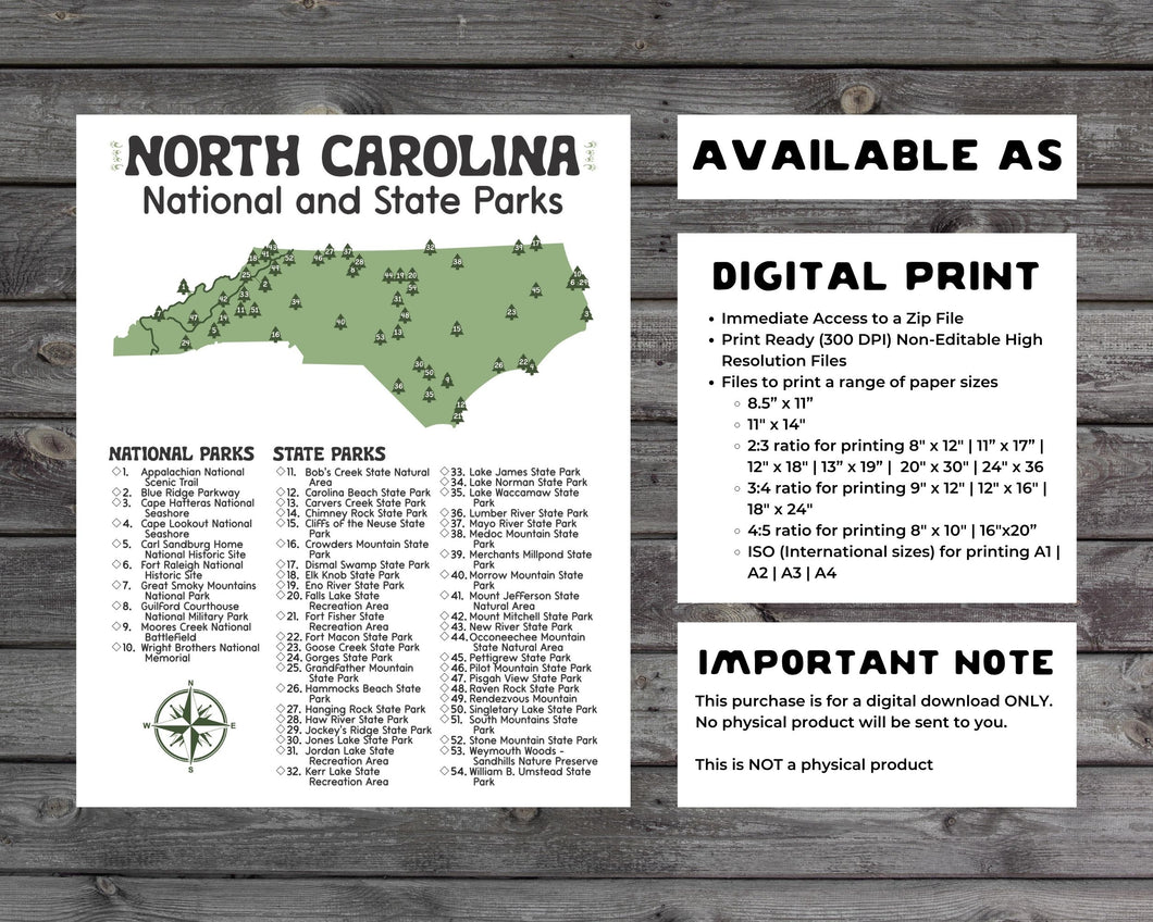 North Carolina State and National Park Map | North Carolina National Park Poster | North Carolina State Park Poster