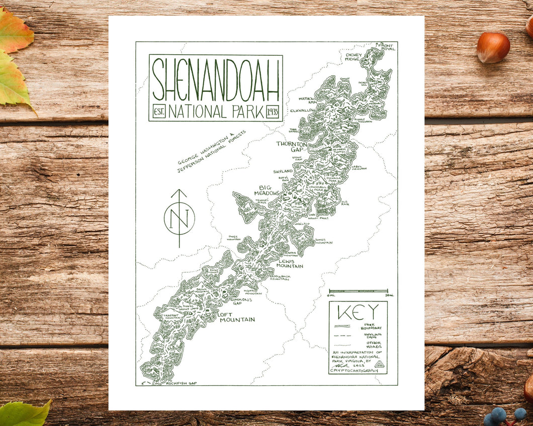 Shenandoah National Park Map Hand-Drawn Print