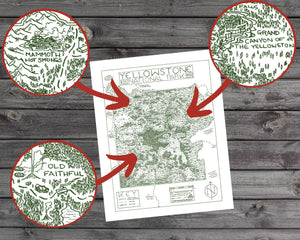 Yellowstone National Park Map Hand-Drawn Print