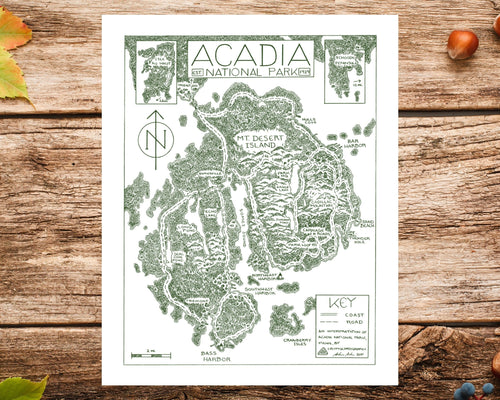 Acadia National Park Map Hand-Drawn Print