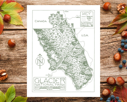 Glacier National Park Map Hand-Drawn Print
