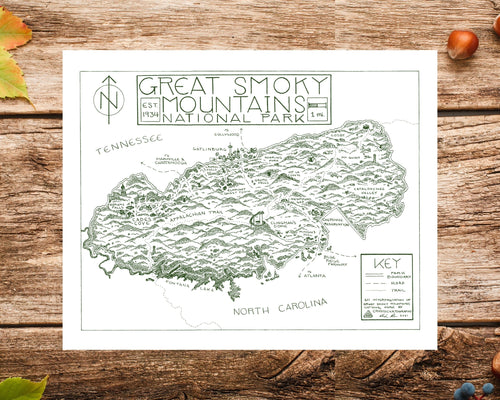 Great Smoky Mountains National Park Map Hand-Drawn Print