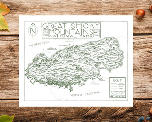 Great Smoky Mountains National Park Map Hand-Drawn Print