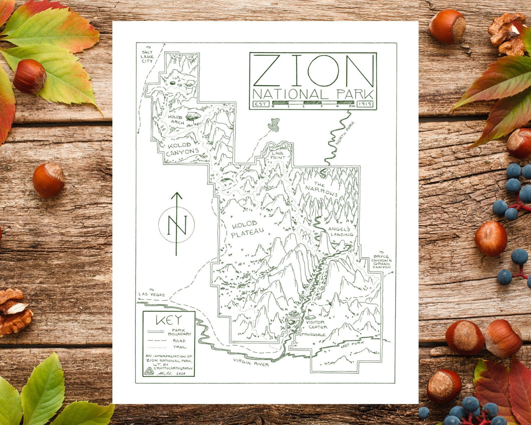 Zion National Park Map Hand-Drawn Print
