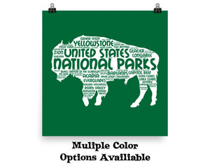 63 National Park Poster Bison Word Art / 63 National Park Print / National Park Travel Poster / National Park Art Print