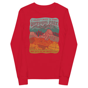 "National Parks are on my Bucket List" Youth long sleeve tee